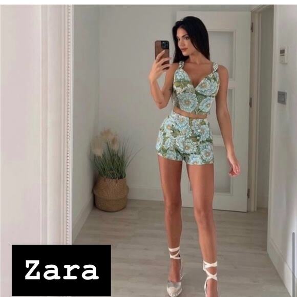 Zara Blue High Waist Shorts Set Size Small NWOT - Picture 1 of 9